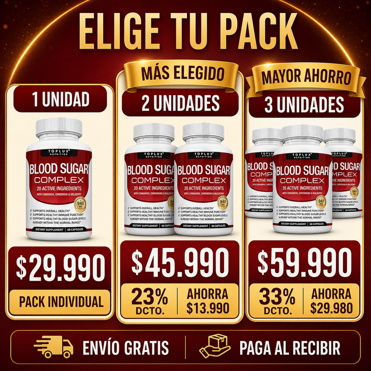 Toplux Blood Sugar Complex — 60 Cápsulas con 20 Ingredientes Activos