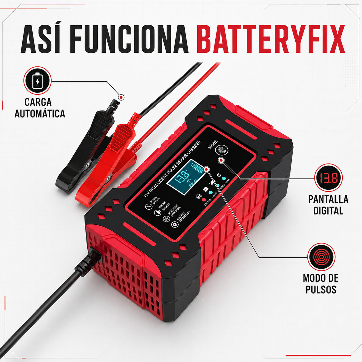 BatteryFix — Cargador Reparador Inteligente de Baterías 12V